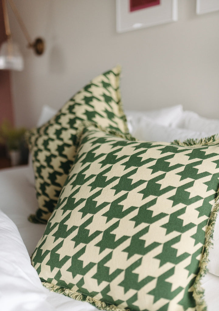 Green Houndstooth Cotton Cushion Cover