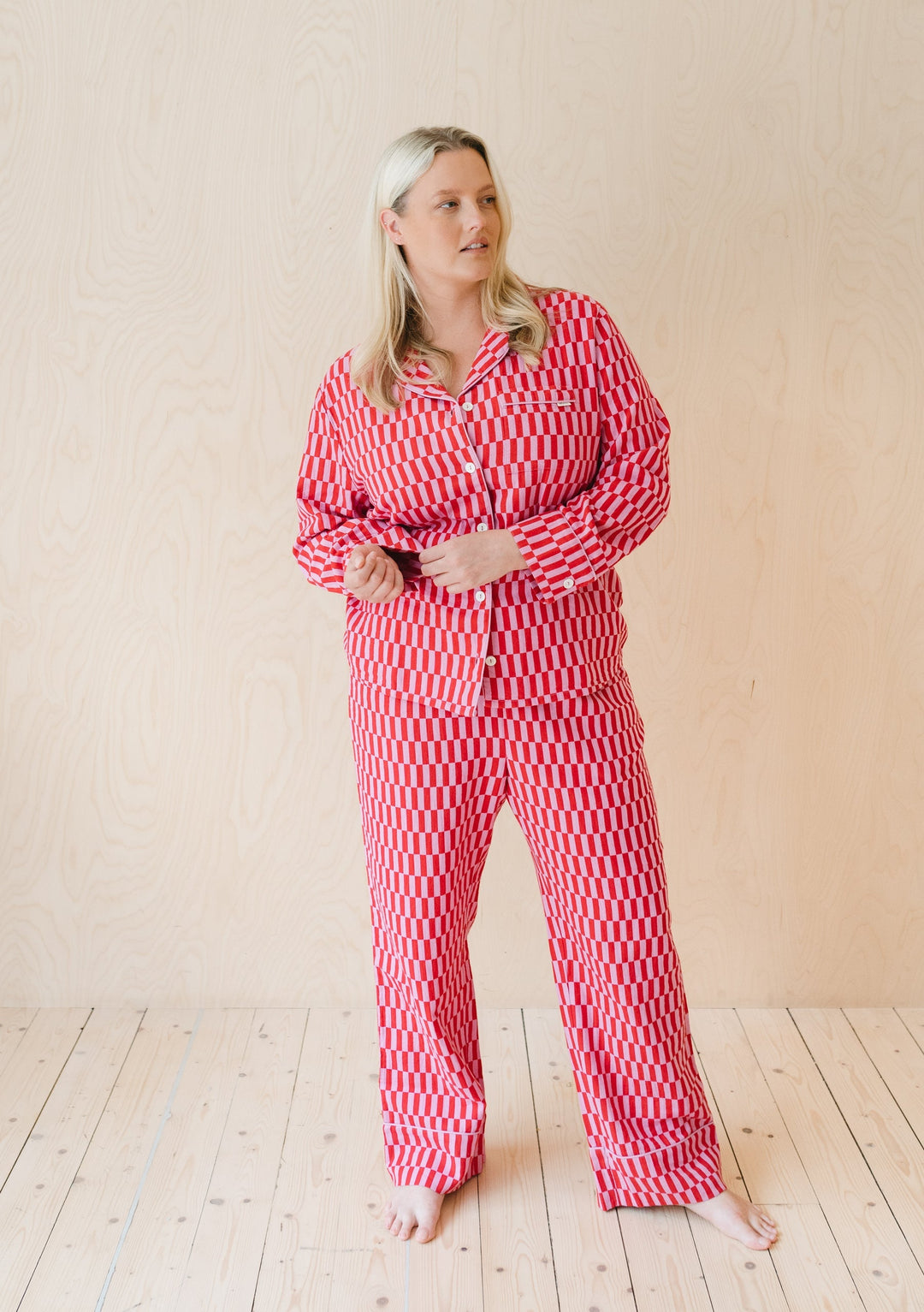 Pyjama en coton damier rose