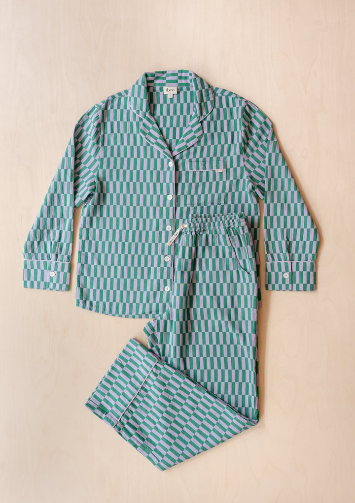 Pre-Order Cotton Pyjamas in Teal Checkerboard - Flatlay