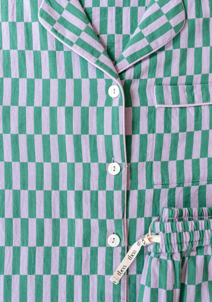 Pre-Order Cotton Pyjamas in Teal Checkerboard - Close-up