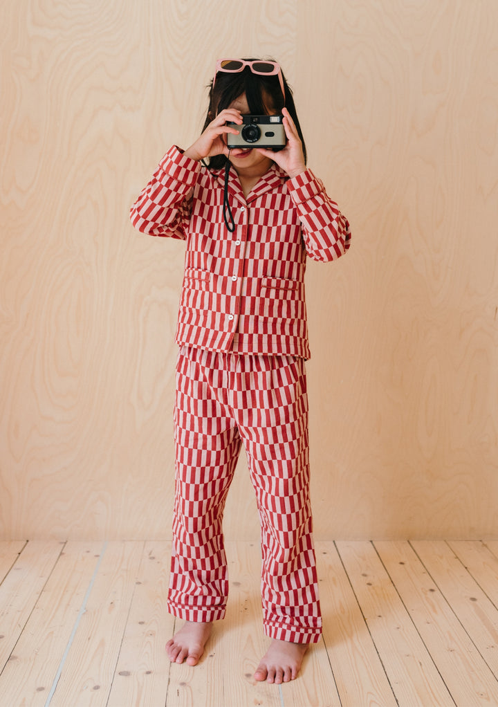 Pyjama en coton pour enfants à carreaux roses