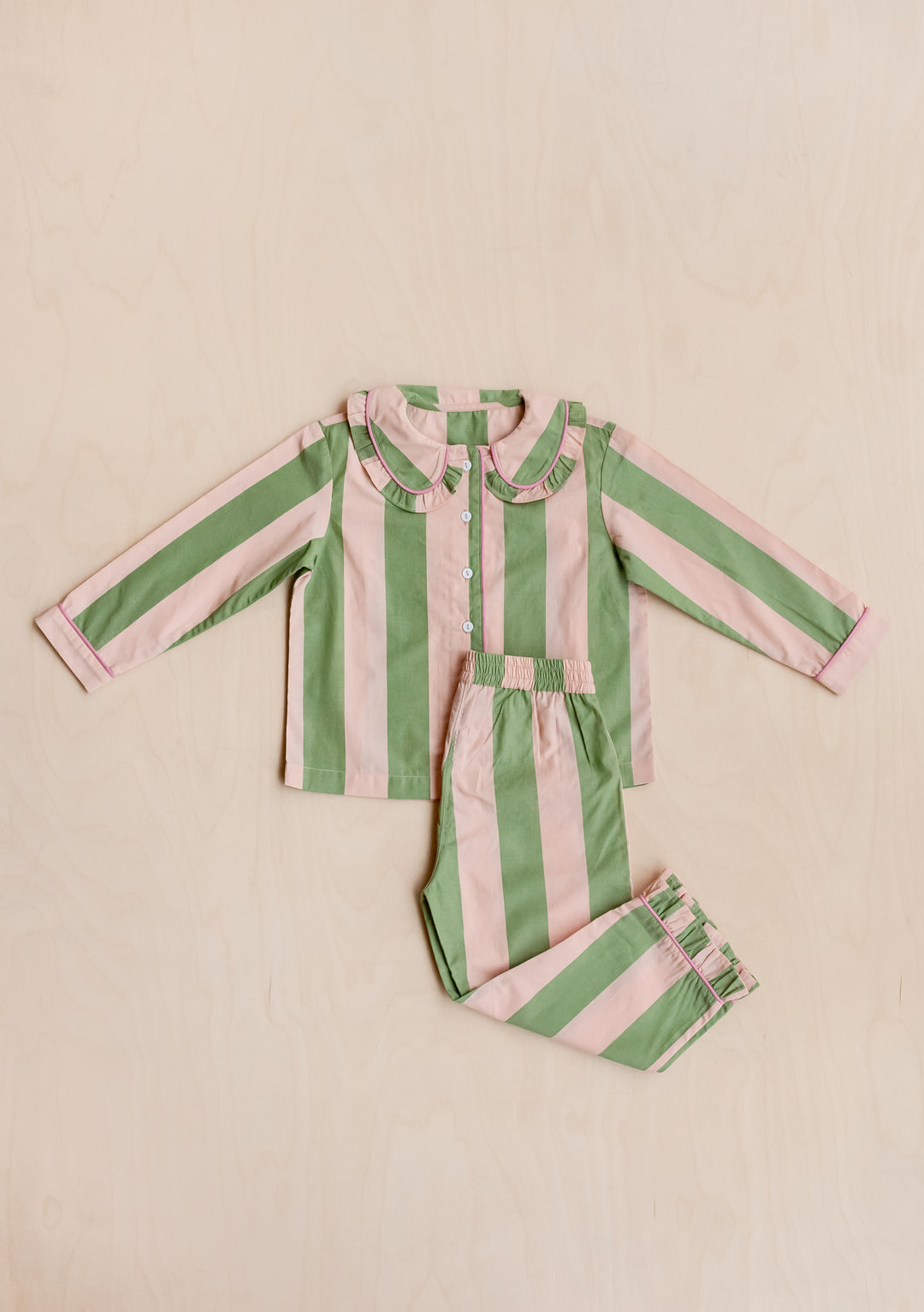 Cotton Kids Pyjamas in Green Stripe