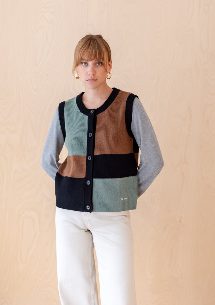 Merino Wool Vest in Green Block