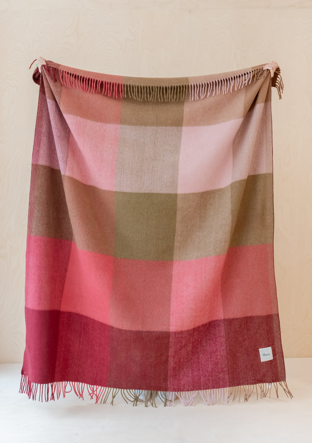 Recycled Wool Blanket in Pink Herringbone Block Check