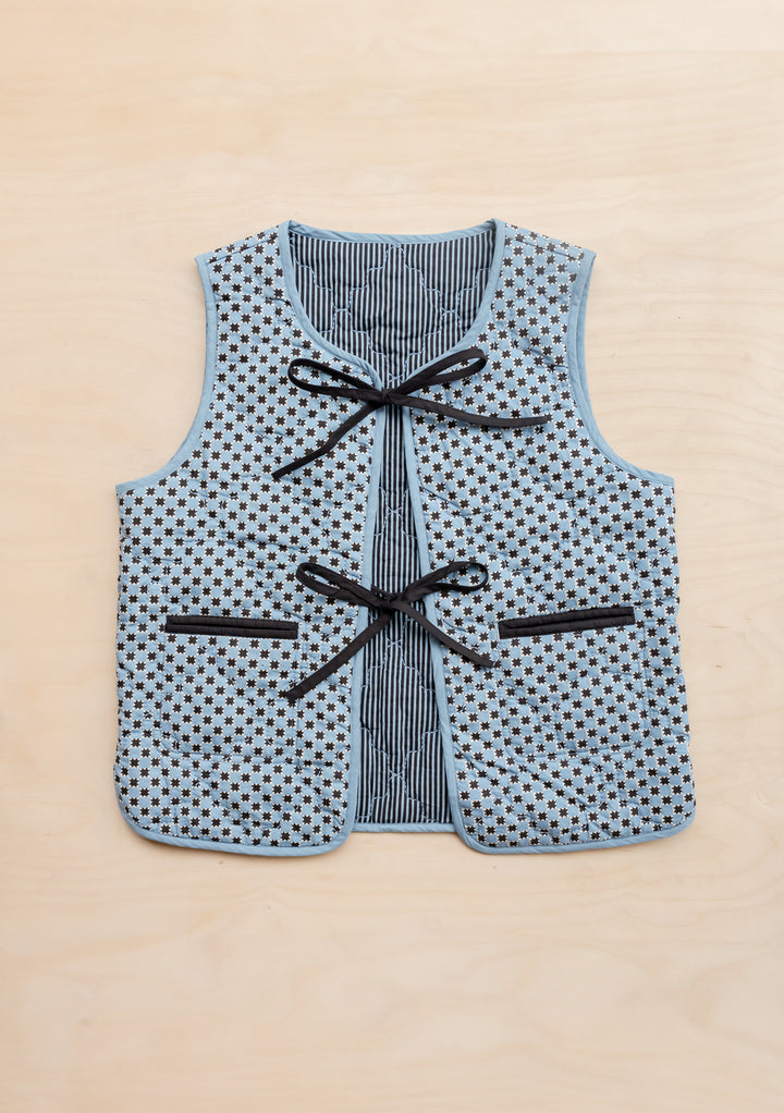 Quilted Cotton Vest in Reversible Blue Celestial Stripe