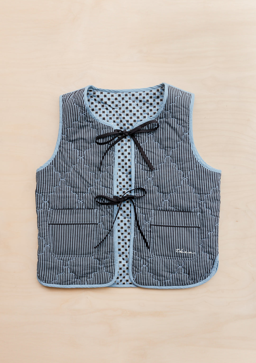 Quilted Cotton Vest in Reversible Blue Celestial Stripe