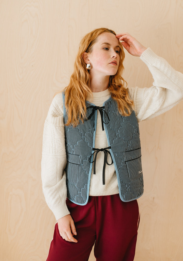 Quilted Cotton Vest in Reversible Blue Celestial Stripe