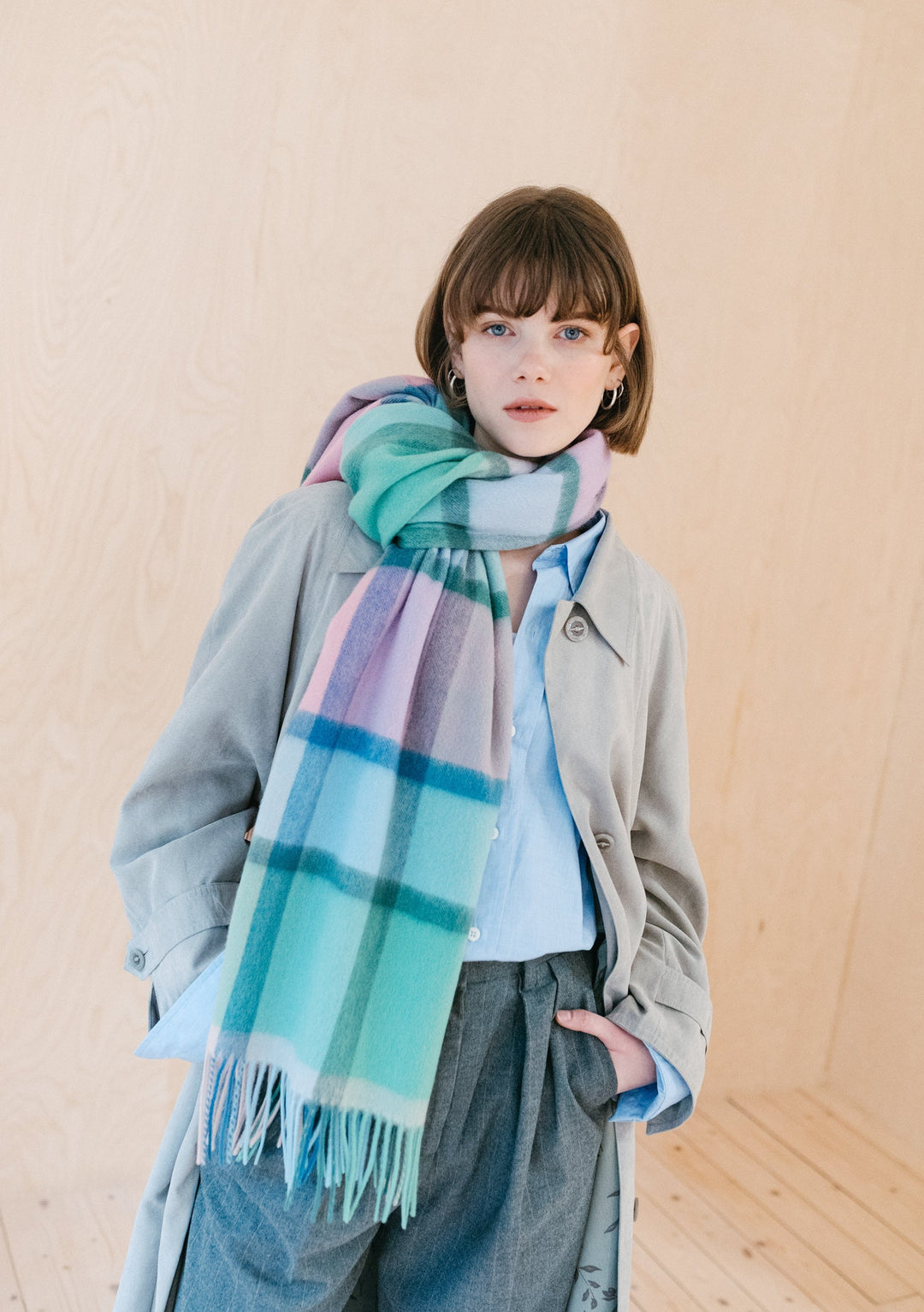 Lambswool Blanket Scarf in Mint Pastel Check