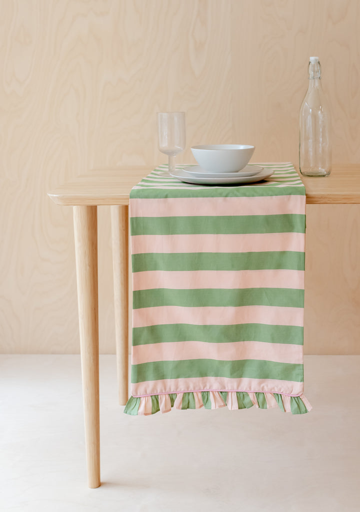 Cotton Table Runner in Green Stripe