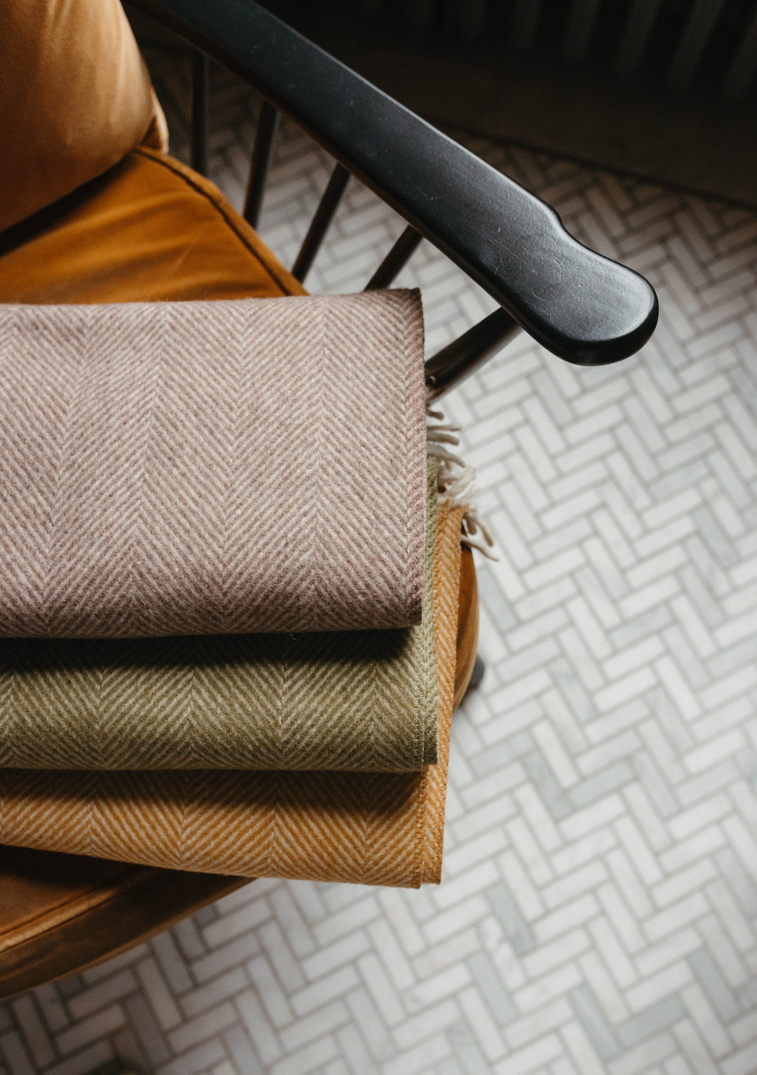 Sample Sale Recycled Wool Small Blanket in Mustard Herringbone